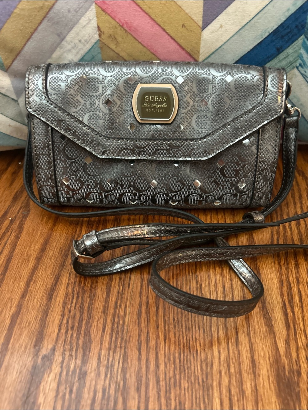 Guess Juliet Mini Crossbody Wallet Gunmetal Logo Studded Metallic Bag